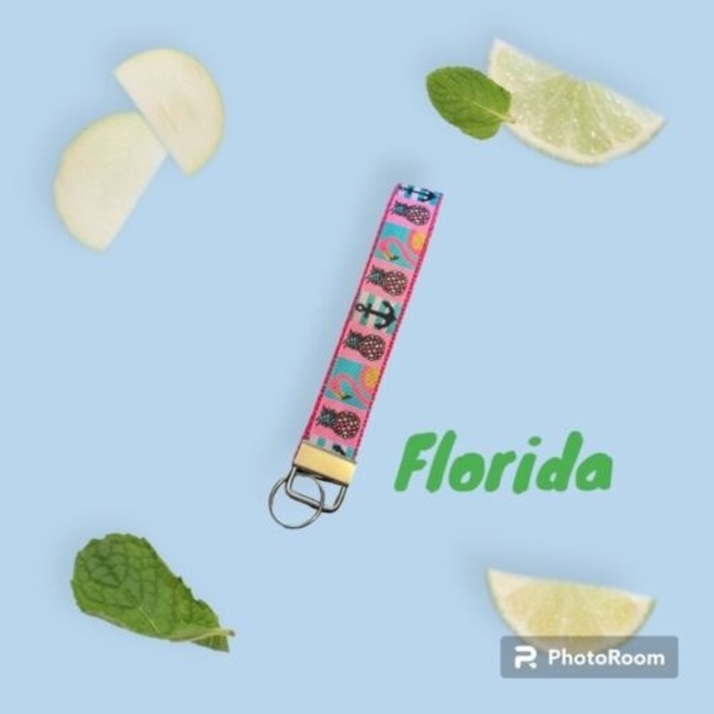 Florida Theme Key Fob Wristlet Keychain Cane strap handmade